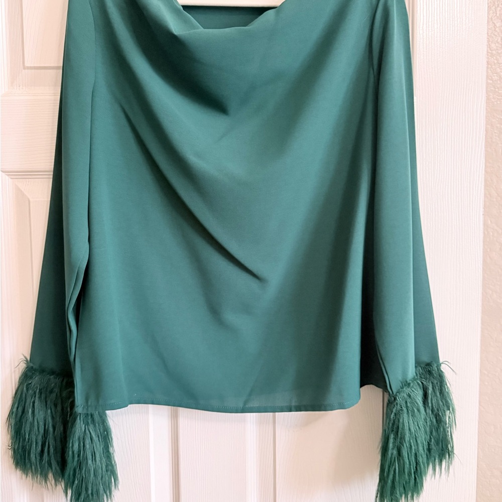 SHEIN Teal Blouse with Feathered Cuffs